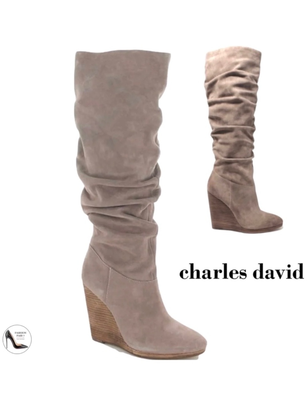 Charles David Helsinki Beige Slouched Knee High Suede Platform Wedge Boots 9.5